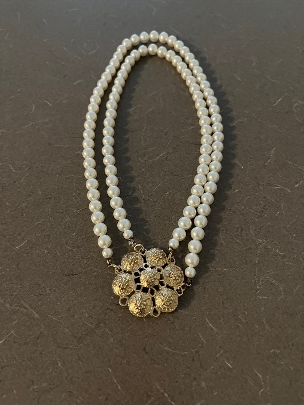 Sarah Coventry Double Strand White Pearl Necklace-Gold Floral Clasp with pin